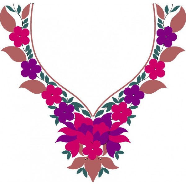 Floral V-neck design with pink, purple, and green flowers and leaves on a white background.