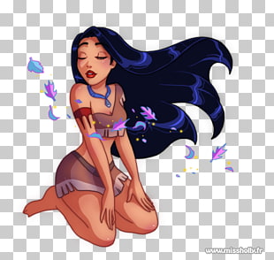 Pocahontas sitting gracefully with flowing dark hair and colorful petals around her.