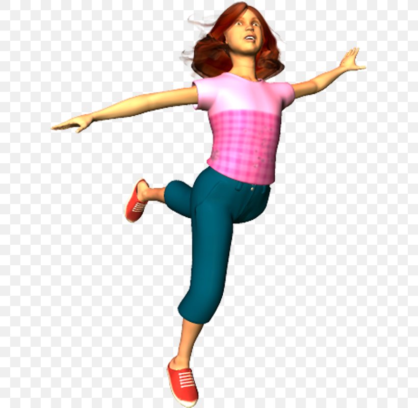 A 3D animated girl with red hair, wearing a pink top and blue pants, striking a dynamic pose with arms outstretched and one leg lifted.