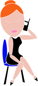 A cartoon woman with red hair sitting on a blue chair, holding a phone to her ear.