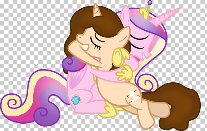 A cartoon pony with brown hair and a pink dress hugging a purple and pink unicorn with a crown.