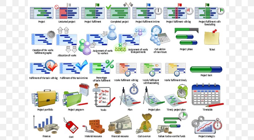 A collection of project management icons representing various stages and components such as project phases, task allocation, timelines, budgets, and resources.