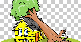 A cartoon yellow house with a tree falling on it, causing damage.