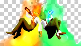 Two animated characters in dynamic poses, one engulfed in orange flames and the other in green energy, holding weapons.
