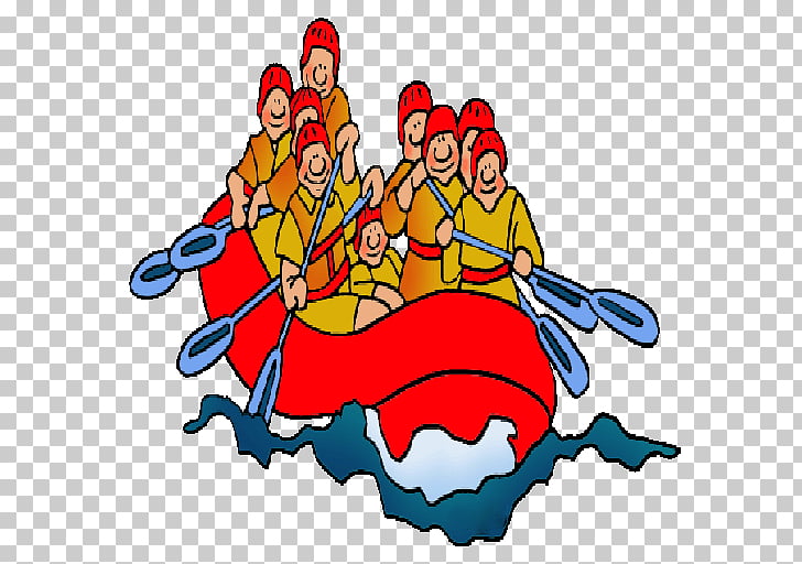 A group of people in a red raft paddling through rapids, wearing life jackets and helmets.