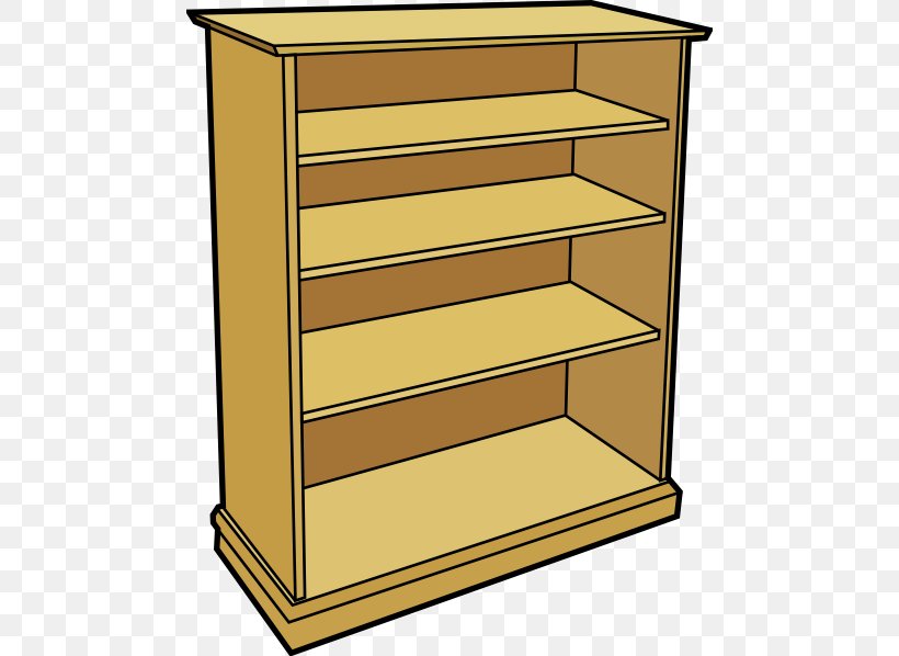 Wooden bookshelf with four shelves, empty and standing upright.