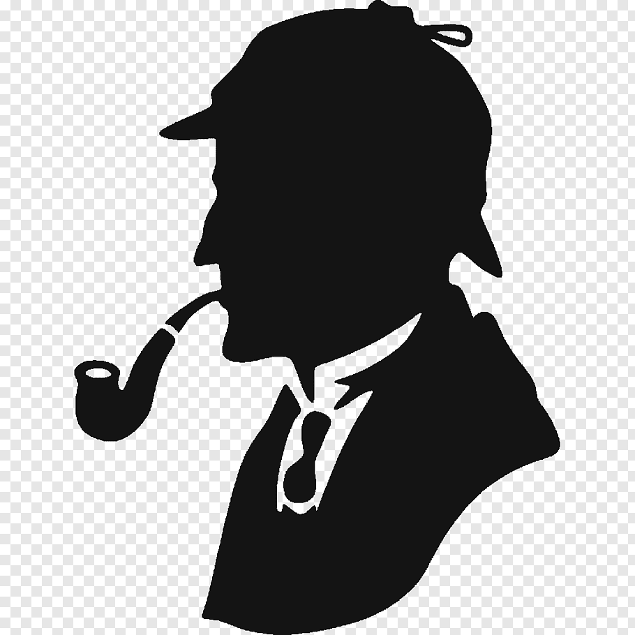 Silhouette of a man in a deerstalker hat smoking a pipe, resembling Sherlock Holmes.
