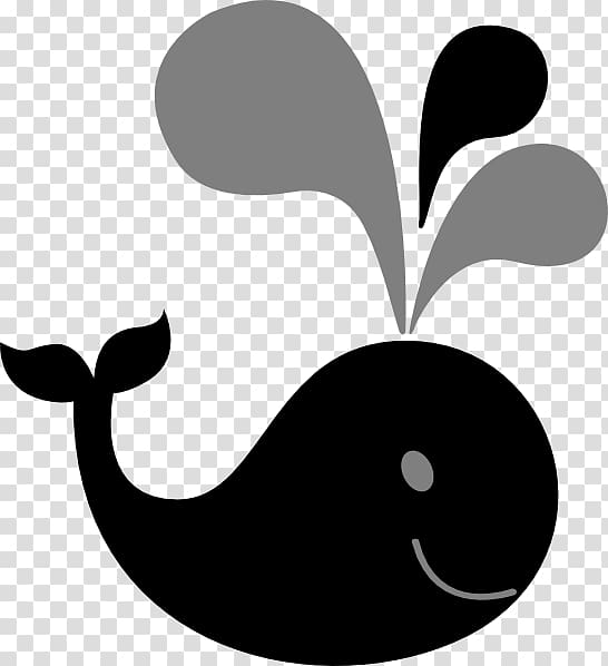 Black whale with a smiling face and gray water spout, cartoon-style illustration on transparent background