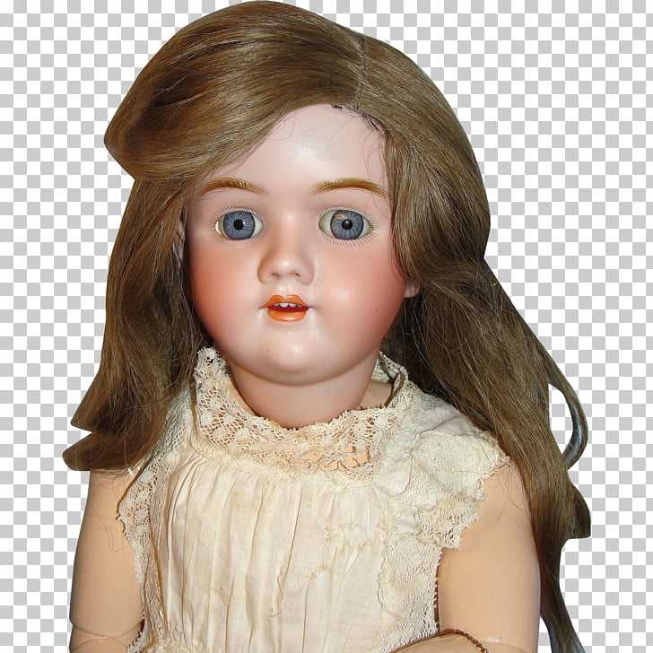 Vintage porcelain doll with blue eyes and brown hair wearing a lace-trimmed dress