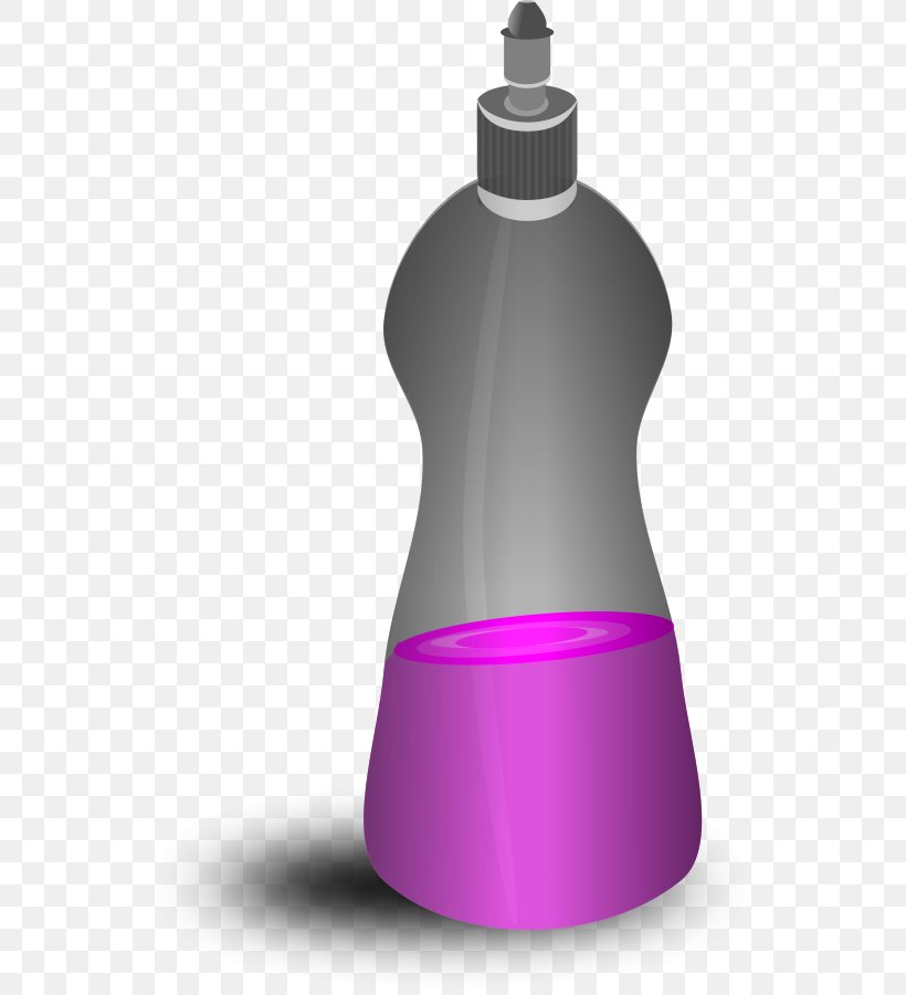 A transparent bottle with a gray body and purple liquid, featuring a gray cap with a nozzle, set against a checkered background.