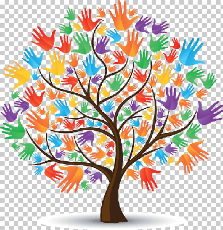 Colorful tree with handprints forming the leaves, symbolizing diversity and unity.