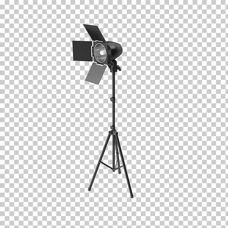 Black studio spotlight on a tripod stand with adjustable barn doors, set against a transparent background.