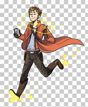 A cartoon-style illustration of a young man with brown hair, wearing a red jacket and brown pants, running energetically while holding a phone. He has a glowing yellow aura around his head and stars trailing behind him, suggesting motion and excitement.