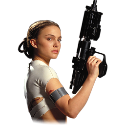 Padmé Amidala holding a blaster, wearing a white outfit with a bandage on her arm.