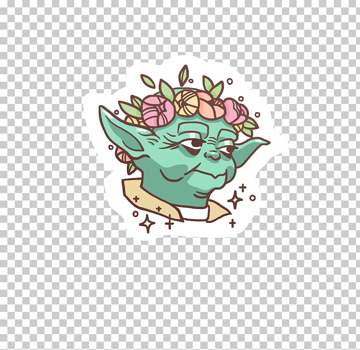 Cartoon illustration of Yoda wearing a floral crown with flowers and leaves, surrounded by sparkles and stars on a transparent background.