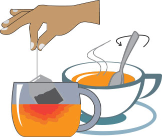 A hand dipping a tea bag into a cup of hot tea, with steam rising from a second cup of tea and a spoon stirring it.