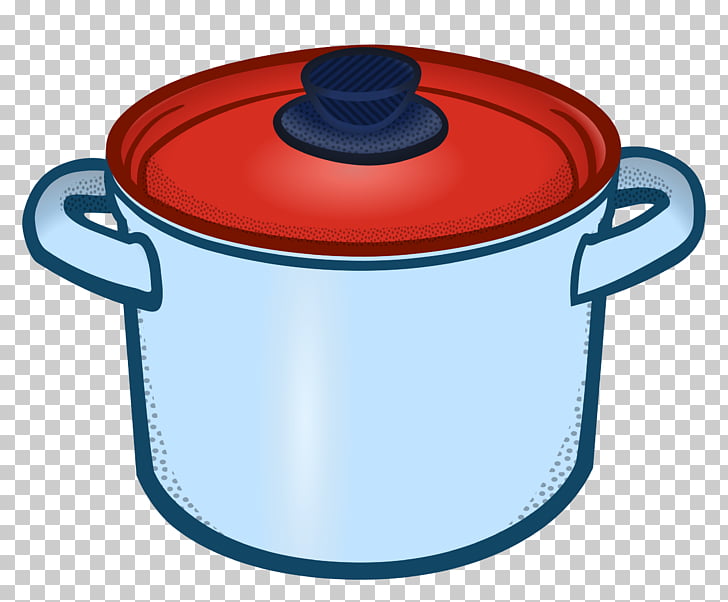 A cartoon-style light blue pot with a red lid and black knob, featuring two handles.