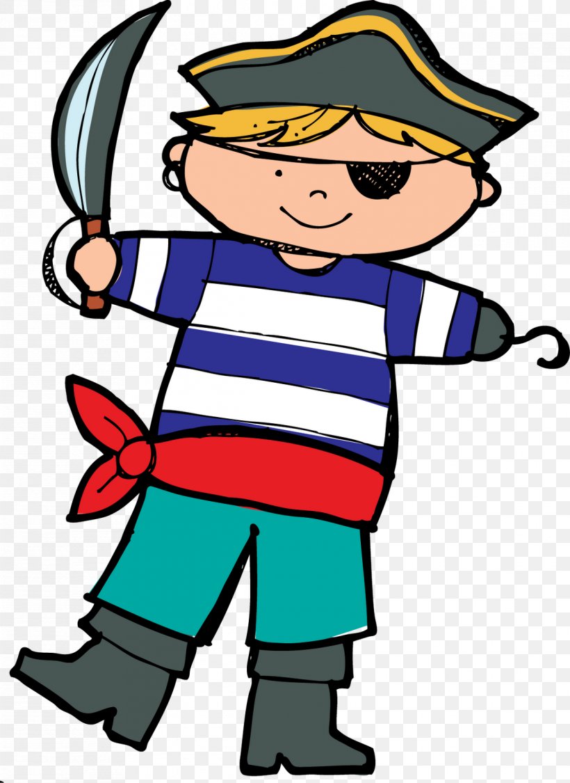 A cartoon pirate boy wearing a tricorn hat, eye patch, striped shirt, and holding a sword.
