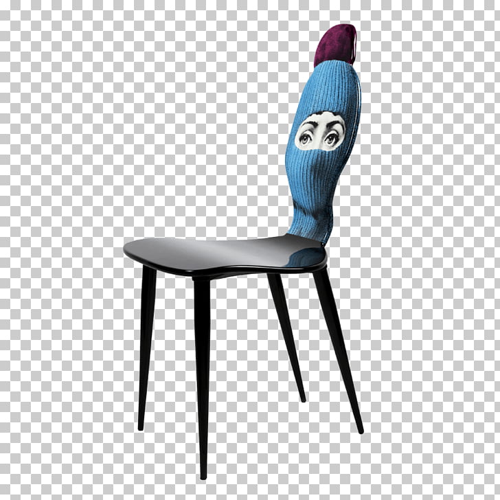 A unique chair with a black seat and legs, featuring a blue knitted sock with a face design on the backrest and a purple tip.