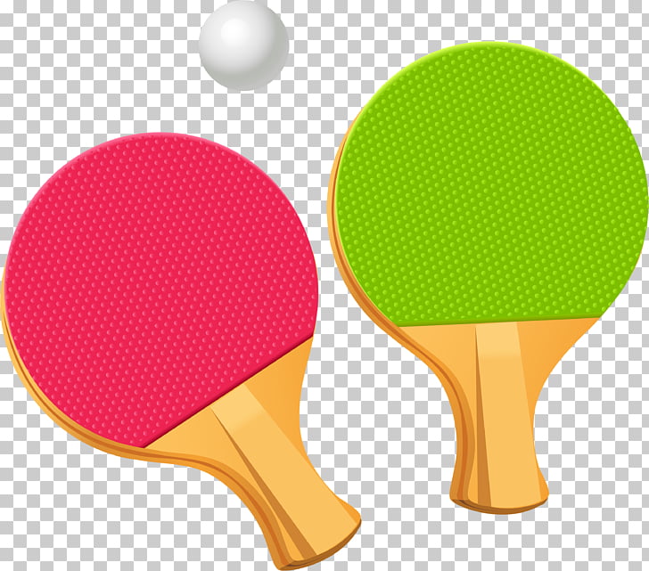 Two ping pong paddles with red and green rubber surfaces and a white ping pong ball on a transparent background.