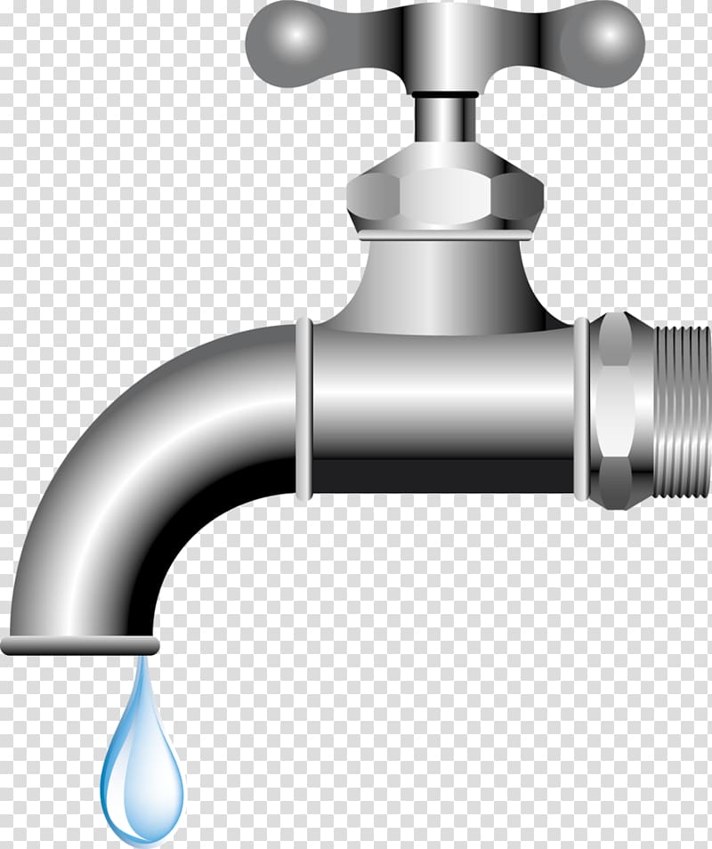 A metallic faucet with a single water droplet falling from its spout, set against a transparent background.