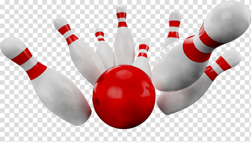 A red bowling ball striking white bowling pins with red stripes, causing them to scatter.
