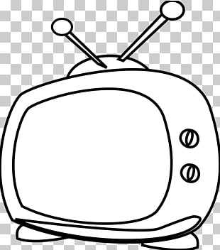 Black and white line drawing of a vintage television with rabbit ears antenna