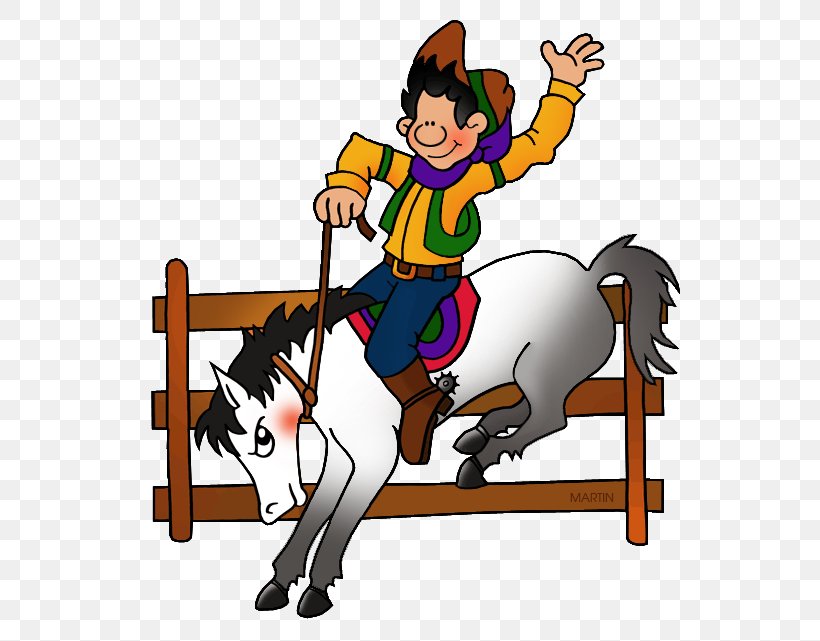 A cartoon cowboy in a colorful outfit rides a bucking white horse with a gray mane, set against a transparent background.
