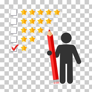 A black silhouette of a person holding a large red pencil, standing next to a star rating system with a checkmark on the first star.