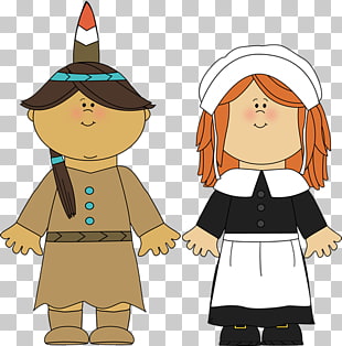 Two cartoon children dressed in historical costumes, one as a Native American and one as a Pilgrim, holding hands.