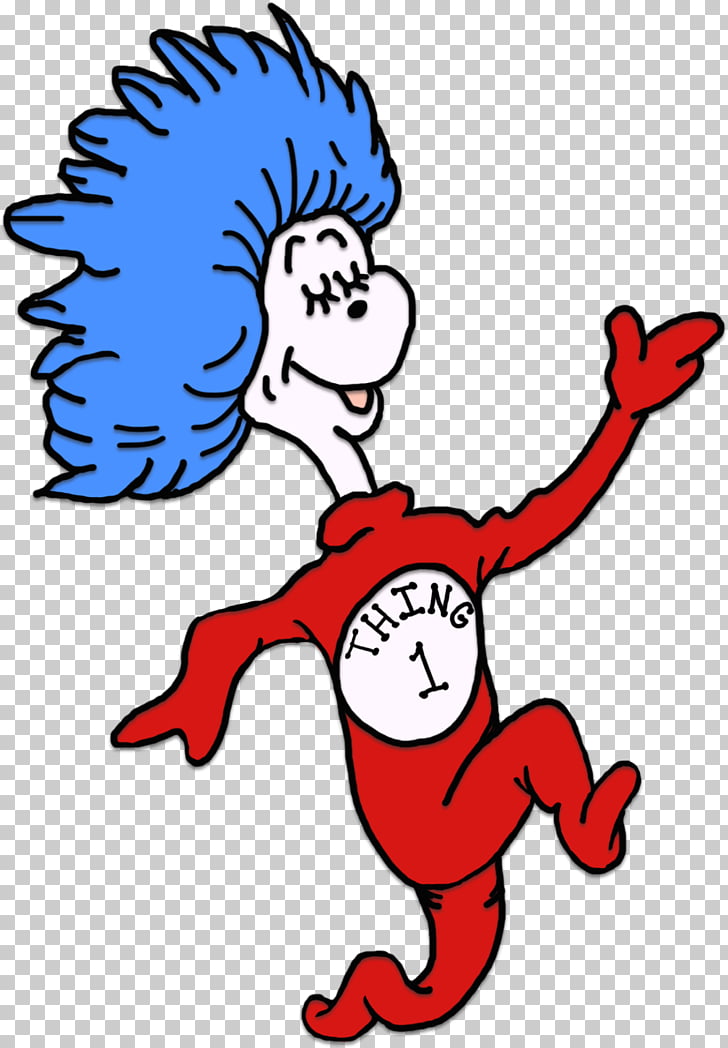 A cartoon character with blue spiky hair and a red outfit labeled "THING 1" jumping joyfully.