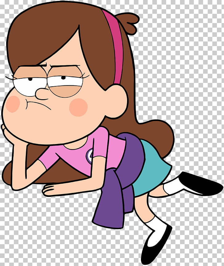 Mabel Pines from Gravity Falls lying down with a bored expression, wearing a pink shirt, purple vest, teal skirt, and black shoes.