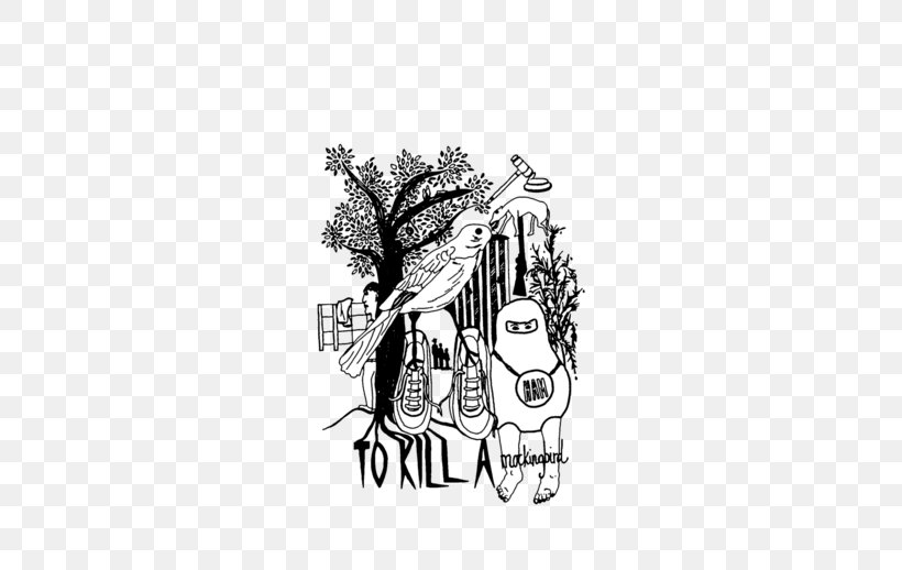 A black and white illustration featuring a bird perched on a tree, a person in a hooded outfit, and the text "TO KILL A MOCKINGBIRD" with a small figure and shoes.