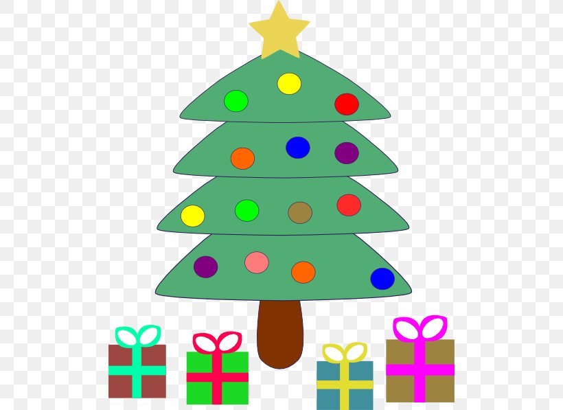 A festive Christmas tree with colorful ornaments and a yellow star on top, surrounded by four wrapped gifts with bows.