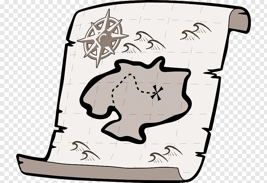 A cartoon-style treasure map with a compass, waves, and an island marked with an X.