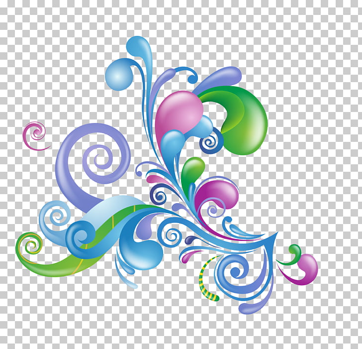 Colorful abstract floral design with swirling patterns in blue, green, pink, and purple on a transparent background.