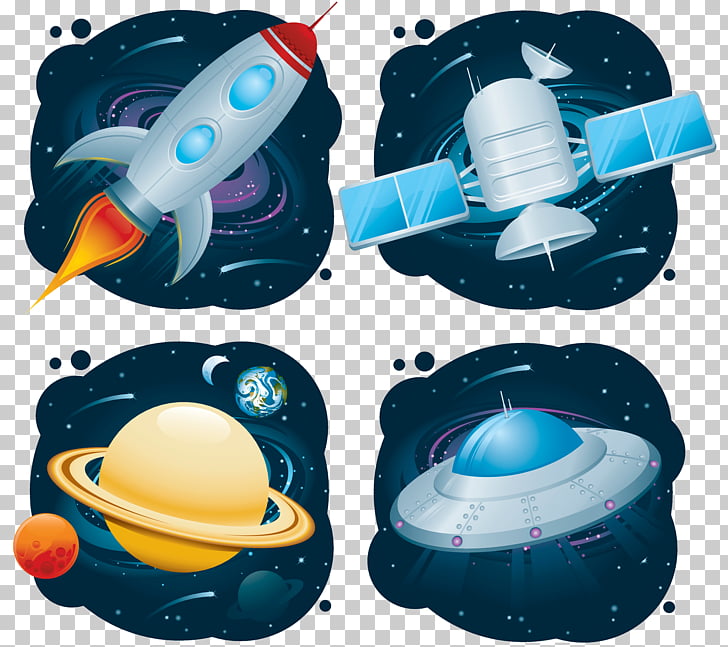 Four space-themed icons featuring a rocket, satellite, planet with rings, and a UFO against a starry background.