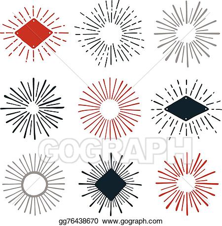 Nine geometric sunburst designs with central diamond and circular patterns in red, black, and gray.