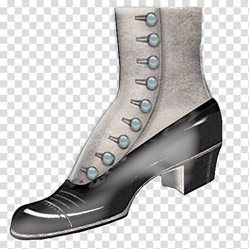 A vintage black leather boot with light gray fabric uppers and decorative buttons, featuring a low heel and classic design.