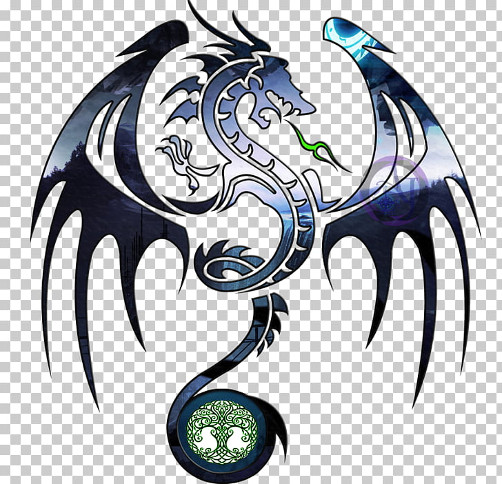 A stylized blue and black dragon with intricate tribal patterns, featuring a green tree of life symbol at its tail, set against a transparent background.
