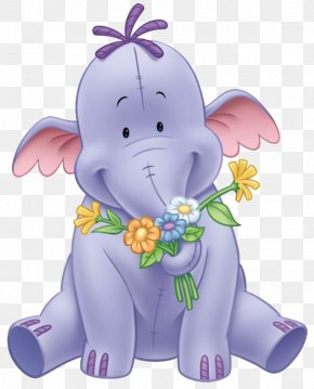A purple elephant holding a bouquet of colorful flowers, sitting with a cheerful expression.