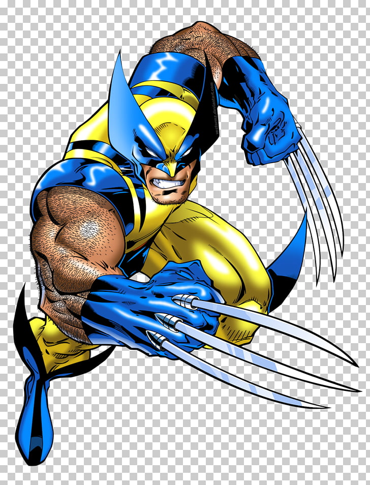 Wolverine in his classic yellow and blue costume, crouched and ready for action with his adamantium claws extended.