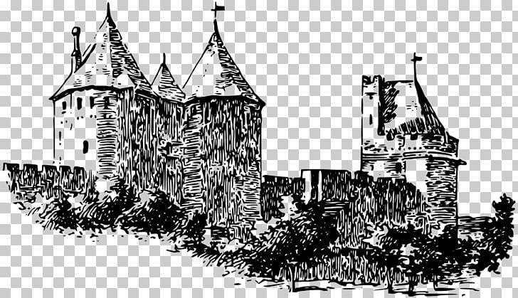 Black and white line drawing of a medieval castle with turrets and stone walls.