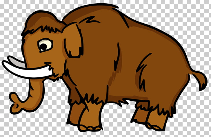 Cartoon mammoth with brown fur and long white tusks standing on a transparent background.
